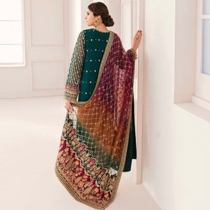 Embroidered Chiffon Pakistani Suit, Green Magenta, Silk Pajama image 3