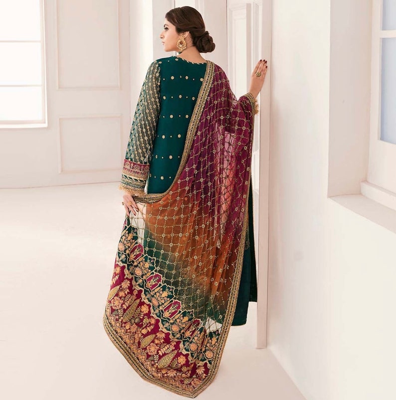 Embroidered Chiffon Pakistani Suit, Green Magenta, Silk Pajama image 3