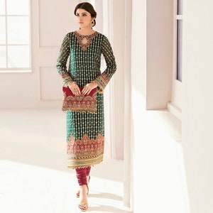 Embroidered Chiffon Pakistani Suit, Green Magenta, Silk Pajama image 4