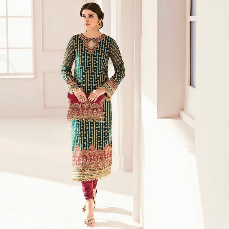 Embroidered Chiffon Pakistani Suit, Green Magenta, Silk Pajama image 4