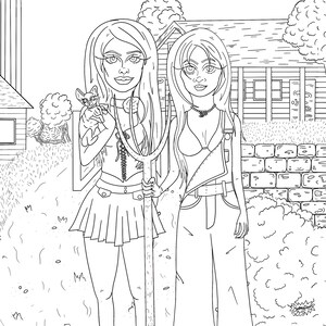 May include: A black and white line drawing of two women standing in front of a house. One woman is holding a pitchfork and the other is holding a small animal. The women are wearing casual clothing.