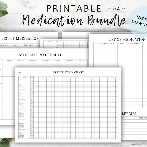 Ensemble de listes de médicaments imprimable | Calendrier des médicaments | Tableau des ordonnances | Liste des allergies | Téléchargement instantané