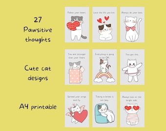 Katzen Affirmationskarten, 27 Positive Gedanken (A4 Printable PNG Dateien)