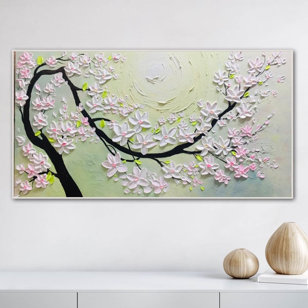 Oversized Pink Flower Tree Painting, Wabi-Sabi Style Artwork, Original Hand-Painted Palette Knife Artwork, Extra Large Wall Decor for Home