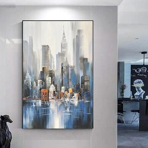 C Oversized Cityscape Painting: Textured Abstract Strokes, Modern Wall Art, Urban Landscape Canvas Art, Handmade River Bridge Wall Decor