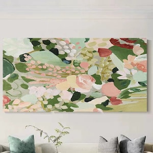 Textured Floral Oil Painting: Pink and Green Landscape Artwork