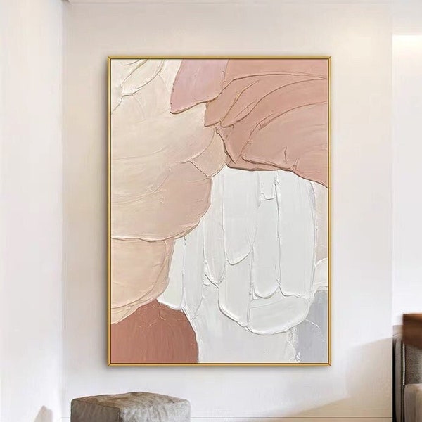 Beige White and Pink Thick Textured Acrylic Painting, Extra Large Abstract Hand-Painted Artwork, Modern Oversize Abstract Wall Art for Home