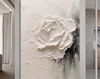 Abstract White Rose Flower, Black and White Acrylic Painting on Canvas, Large Floral Thick Texture Modern Hand Painted Vertical Wall Art