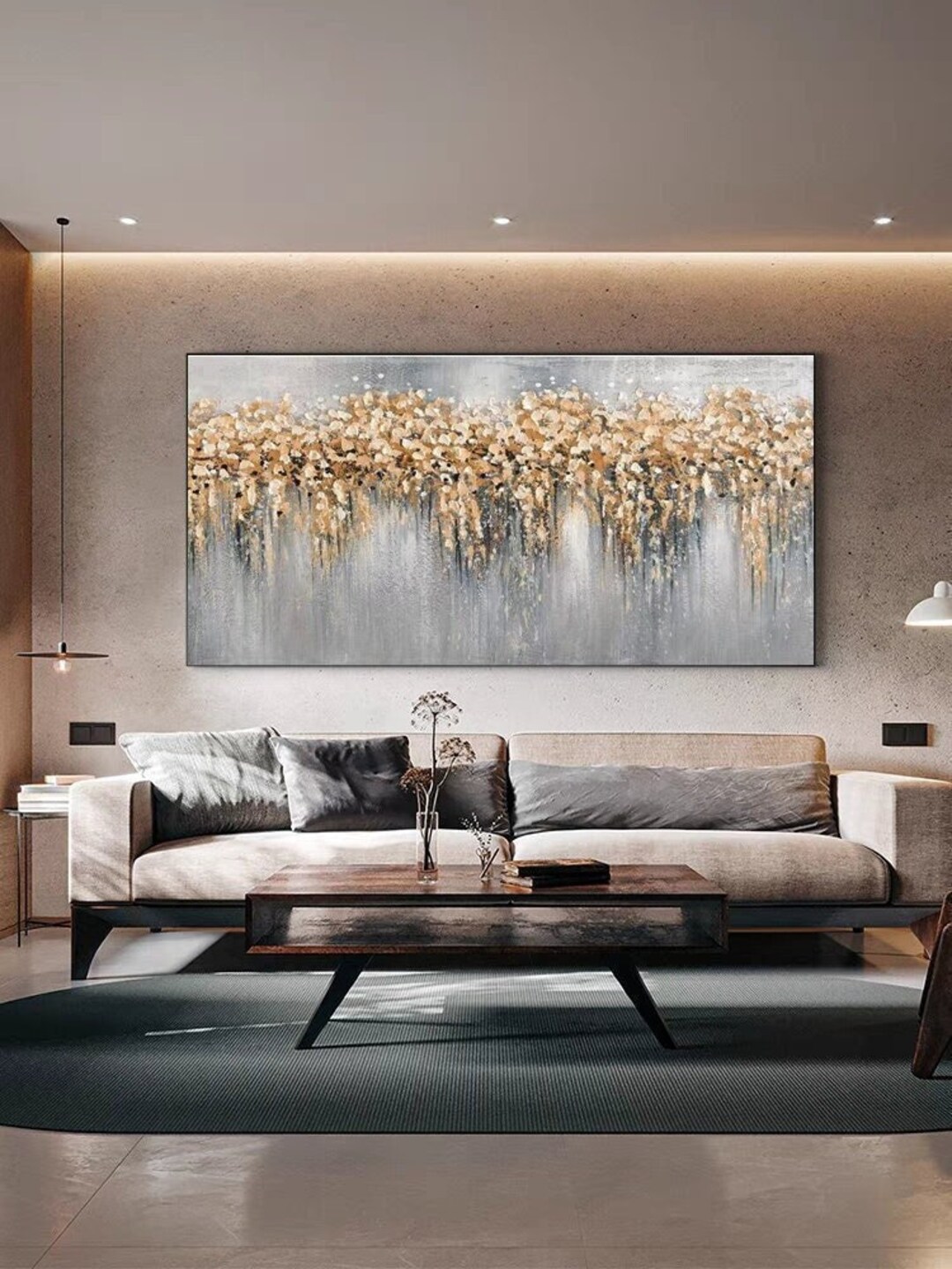 Landscape Gold Grey Abstract Wall Art, Oversized Modern Art, Hand