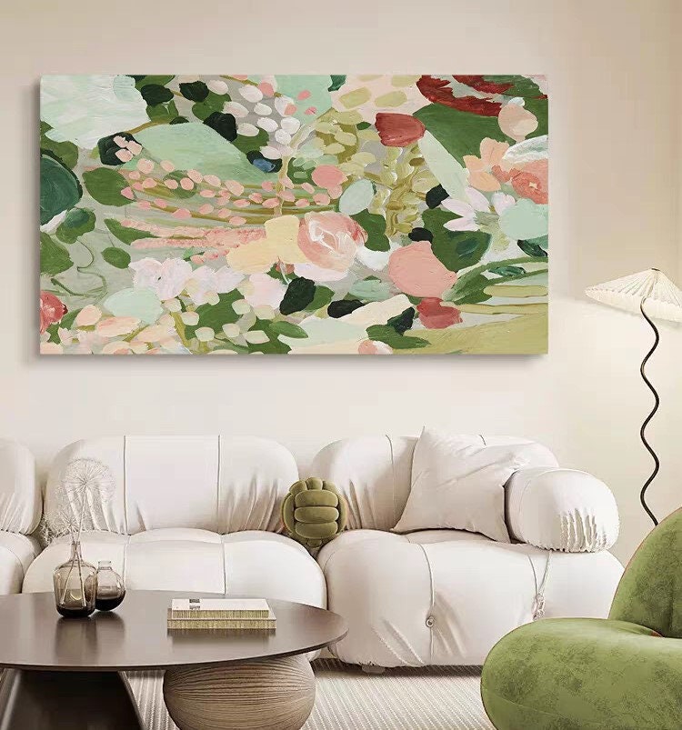 Pink and Green Landscape Floral Artwork, Nature Flower Painting, 3D