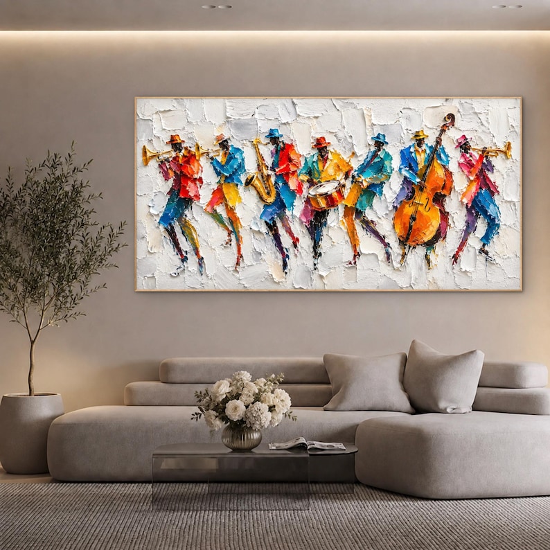 Music Wall Art, Colorful Jazz Band Oil Painting, Large Textured ...