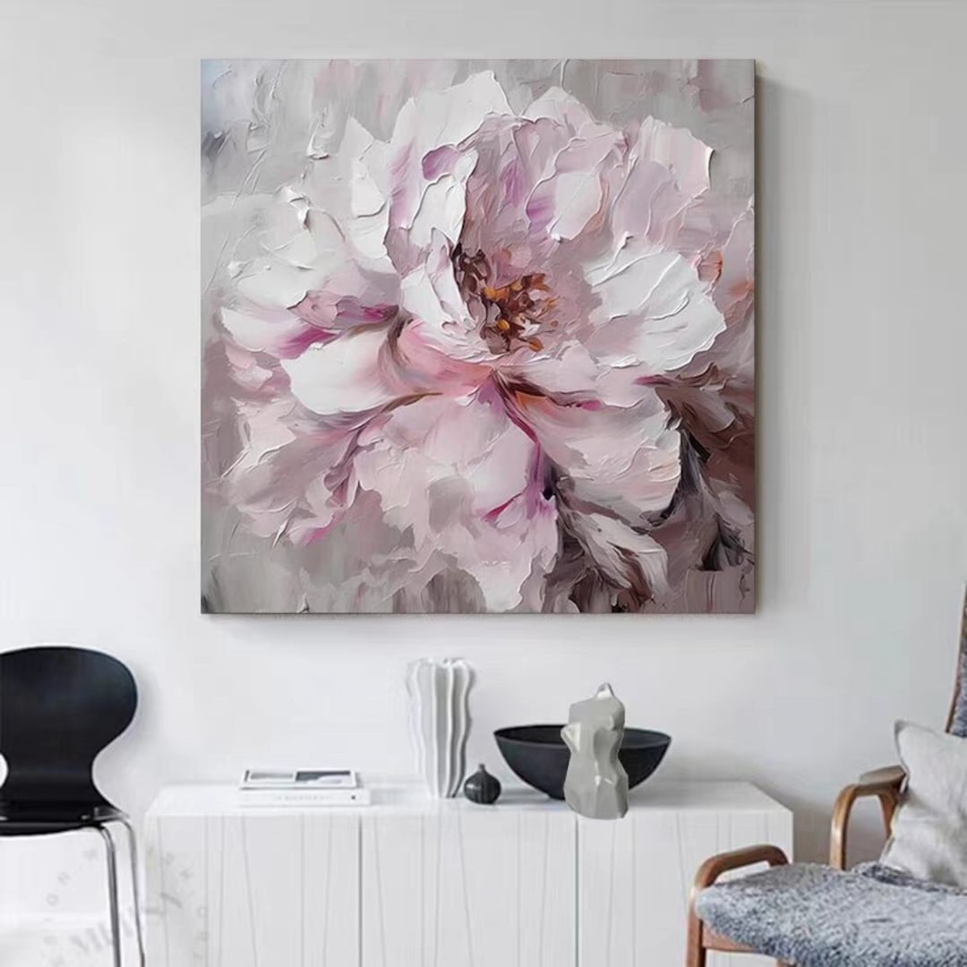 Pink and White Flower Artwork, Living Room Decor, Contemporary Wall Art ...