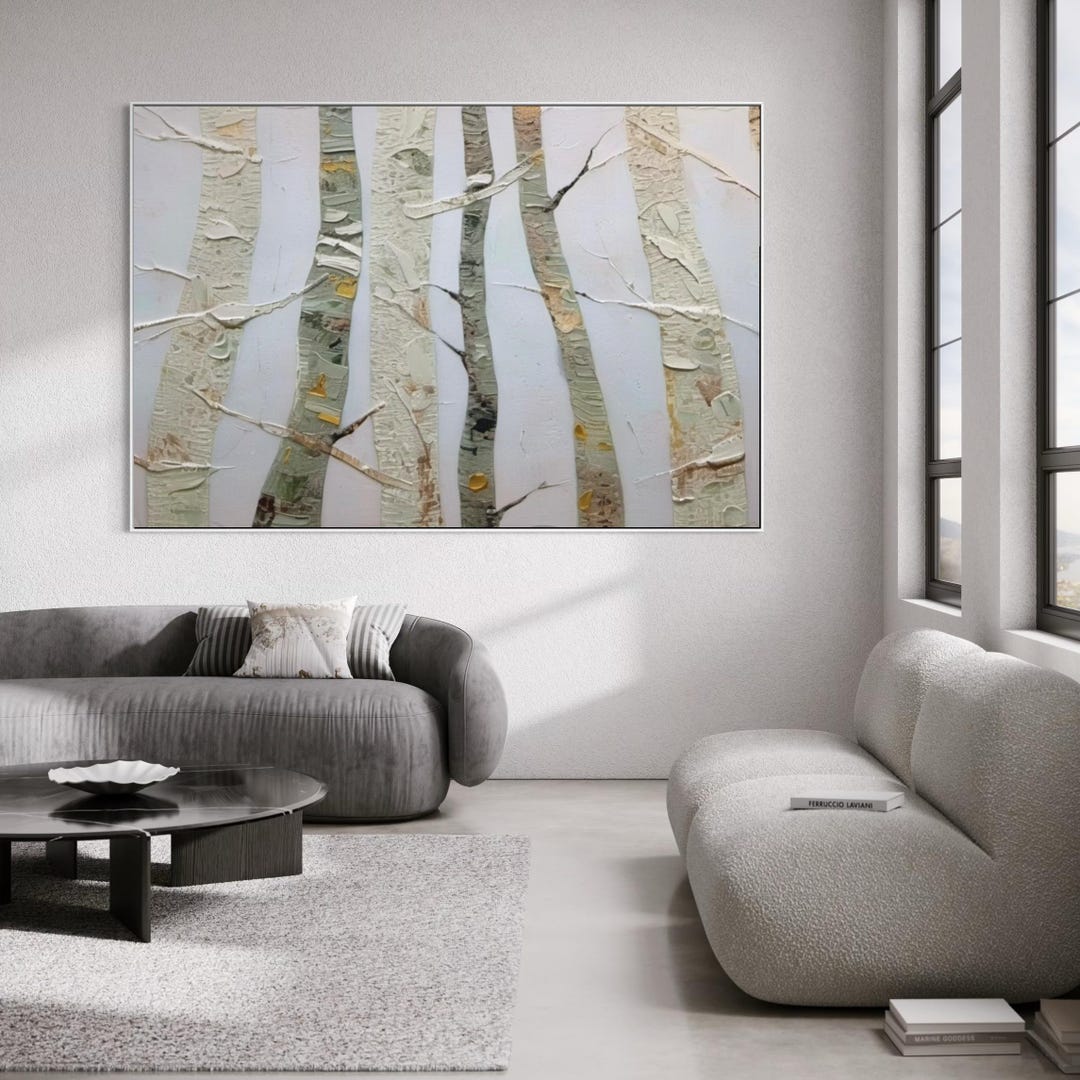 O Abstract Birch Trees Wall Art, Textured Neutral Landscape Painting ...