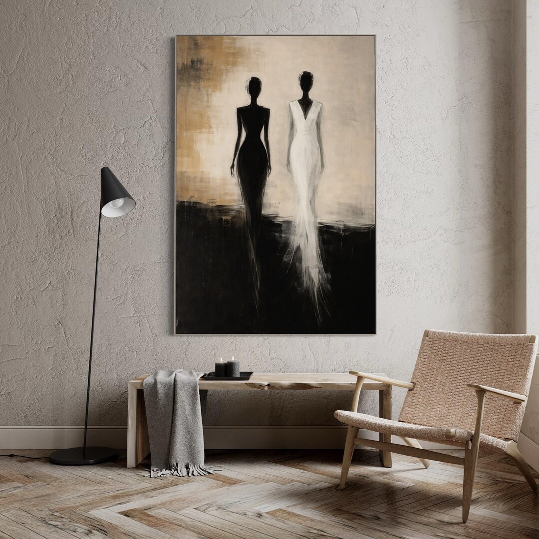 Black White Abstract Figure Painting, Two Woman Silhouette Wall Art ...