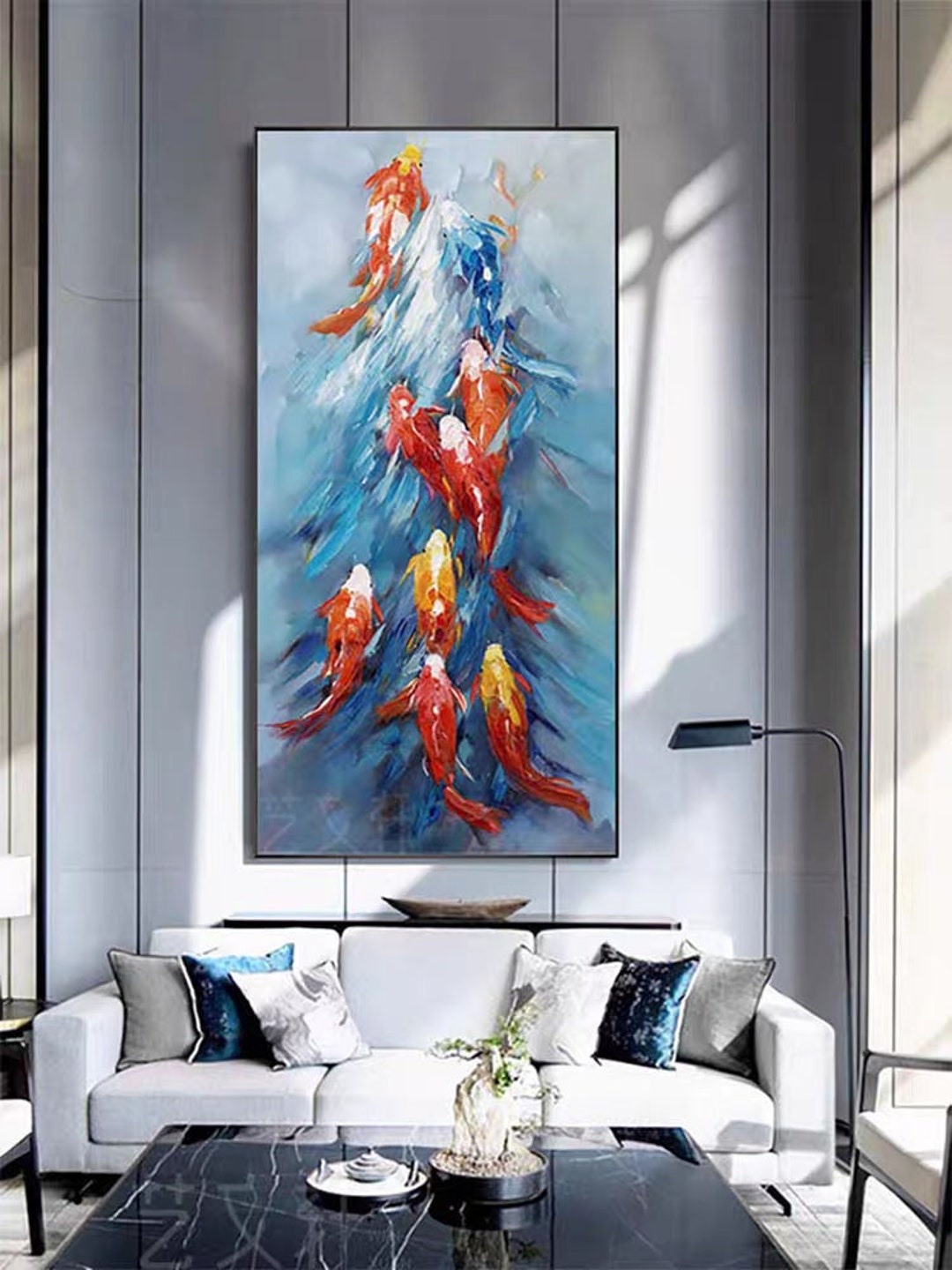 Visual Reference: Red And Blue Koi Fish Artwork Thick Textured Modern Style