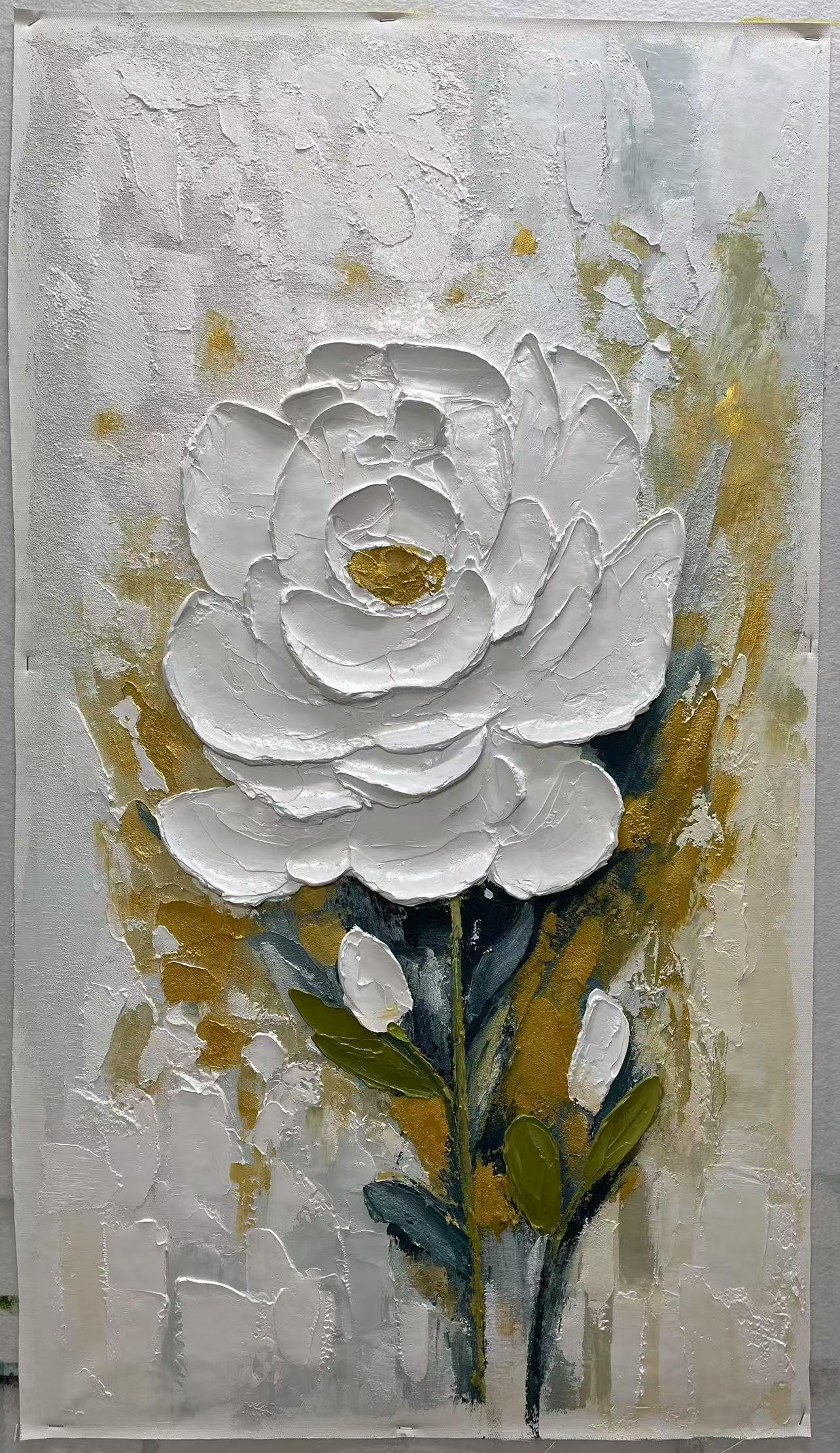 Blooming White Rose Flower Painting , White Bud Gold Acrylic Art on ...