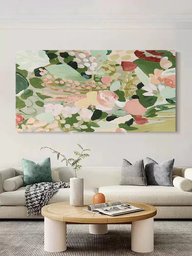 Pink and Green Landscape Floral Artwork, Nature Flower Painting, 3D