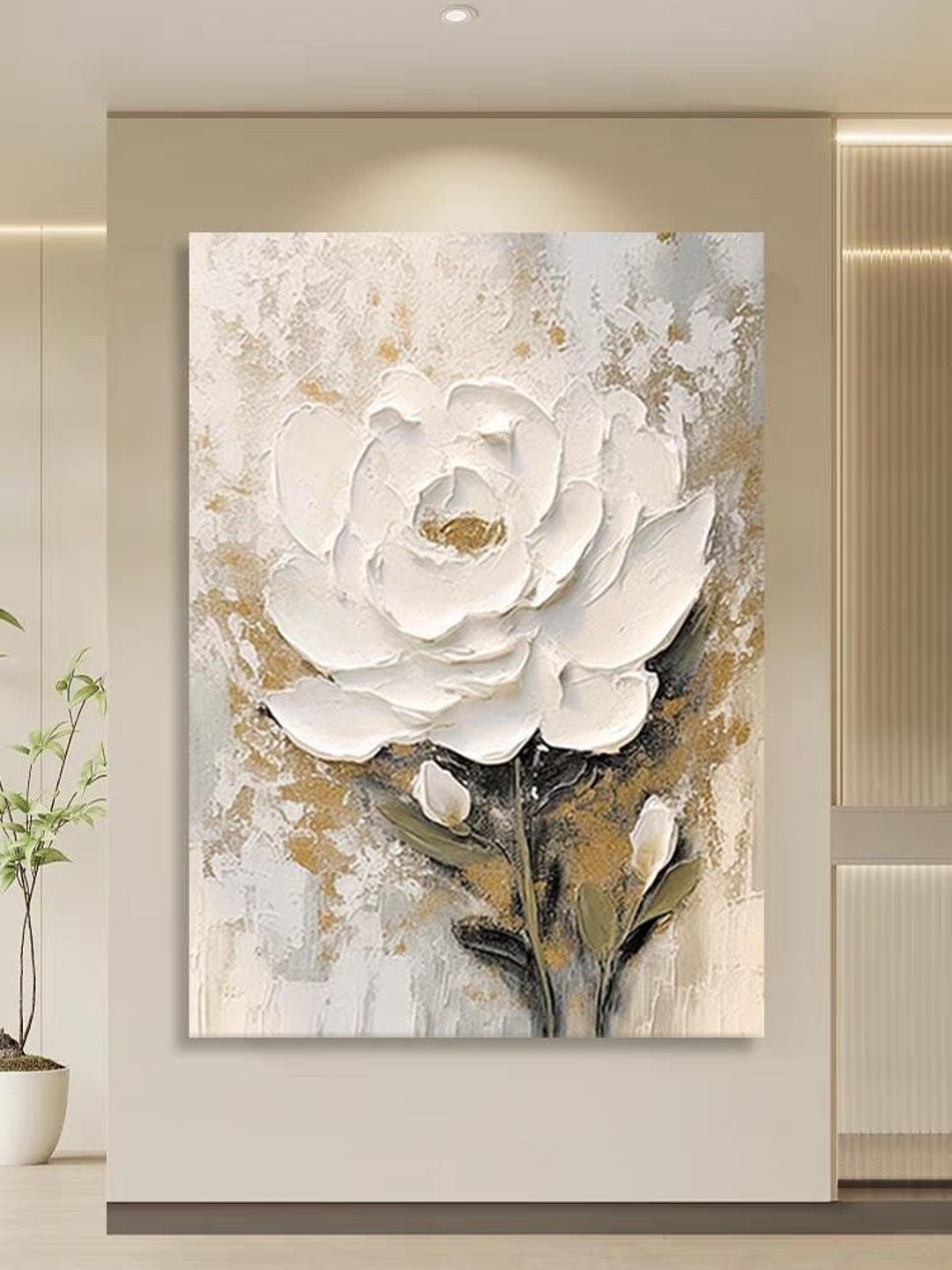 Blooming White Rose Flower Painting , White Bud Gold Acrylic Art on ...