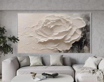 Abstract Horizontal Blooming White Rose Painting, Black White
