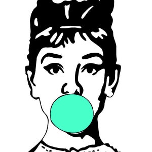 May include: Black and white illustration of a woman with a large, round, turquoise blue bubble gum in her mouth.
