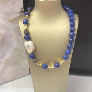 Handmade Natural Stone Necklace. Real Pearl & Faceted Lapis . Unique Women&#39;s Jewelry. Elegant Modern Gemstone Design. Gift for Her. Gifts