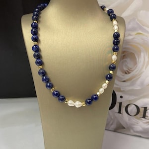 Lapis Lazuli Necklace, Pearl and Gemstone Jewelry for Birthday Gift, Unique Anniversary Gift, Handmade Dark Blue Statement Necklace