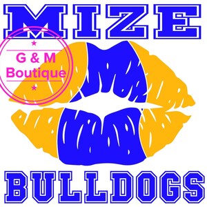 Puede incluir: Una impresión de labios azul y amarilla con el texto "MIZE BULLDOGS" en azul con contornos blancos. Un círculo rosa con el texto "G & M Boutique" está en la esquina superior izquierda.
