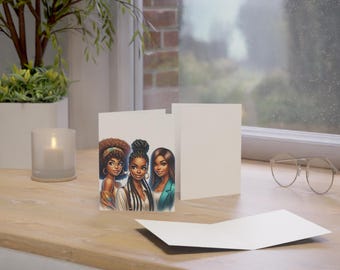 May include: A greeting card featuring a digital illustration of three Black women with different hairstyles. The women are smiling and looking at the viewer. The card is white with a blank inside for writing a message.