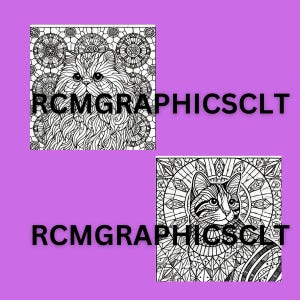 May include: Two black and white coloring pages featuring intricate designs of cats with geometric patterns. The designs include mandalas and stained glass style patterns.