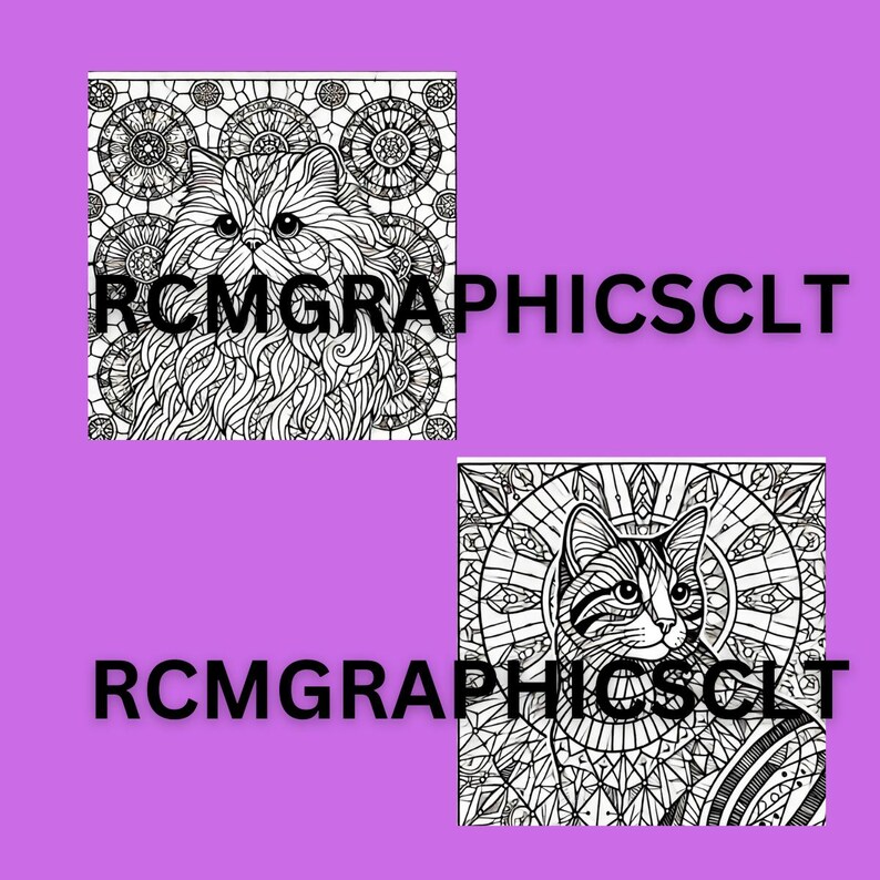 May include: Two black and white coloring pages featuring intricate designs of cats with geometric patterns. The designs include mandalas and stained glass style patterns.