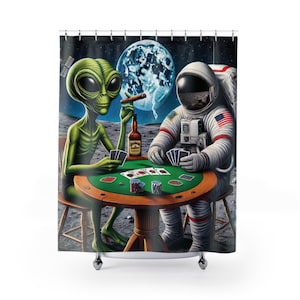 Kosmisk lekfull duschdraperi, Alien Astronaut Poker Design, Rymdtema, Rolig badrumsinredning, Unik presentidé, Rymdälskare