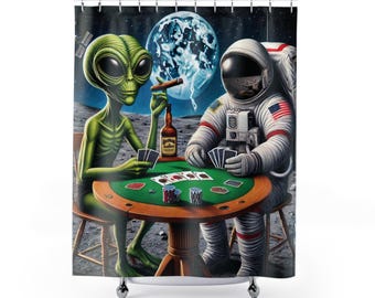 Cosmic Playful Shower Curtain, Alien Astronaut Poker Design, Outer Space Theme, Fun Bathroom Decor, Unique Gift Idea, Space Lover's