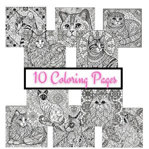 May include: Ten black and white coloring pages featuring different breeds of cats. Each cat is drawn in a detailed, intricate style with a mosaic-like pattern.