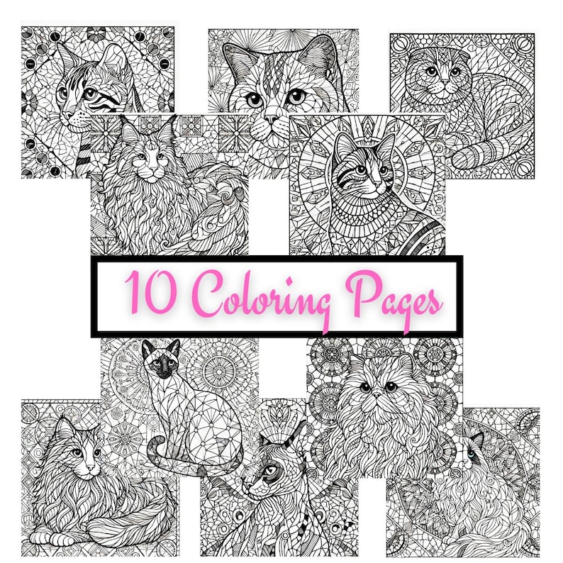 May include: Ten black and white coloring pages featuring different breeds of cats. Each cat is drawn in a detailed, intricate style with a mosaic-like pattern.