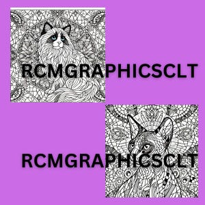 May include: Two black and white line art illustrations of cats with intricate patterns. The cats are surrounded by a mandala-like design. The text "RCMGRAPHICSCLT" appears below each image.