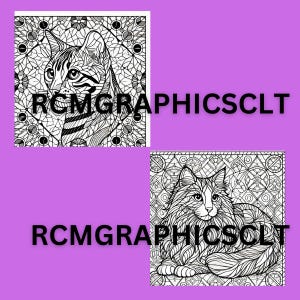 May include: Two black and white line art coloring pages featuring cats. The first page features a cat with a short, striped coat looking to the left. The second page features a long-haired cat lying down with its head turned to the left. Both images are surrounded by intricate geometric patterns.