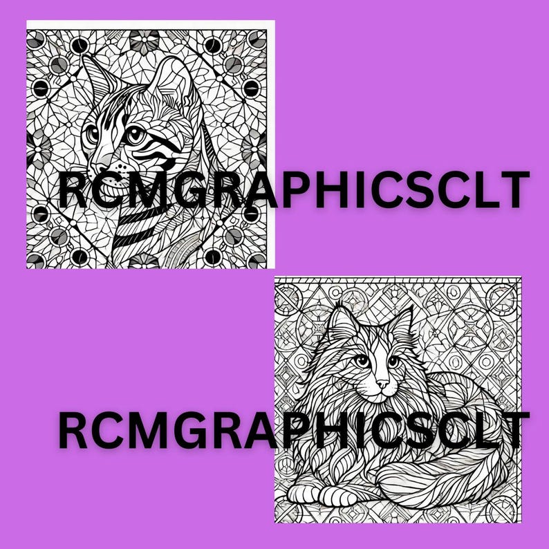 May include: Two black and white line art coloring pages featuring cats. The first page features a cat with a short, striped coat looking to the left. The second page features a long-haired cat lying down with its head turned to the left. Both images are surrounded by intricate geometric patterns.
