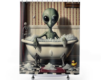 Alien Bath Shower Curtain, Extraterrestrial Home Decor, Bathroom Accessories, Quirky Gift, Space Theme Decoration