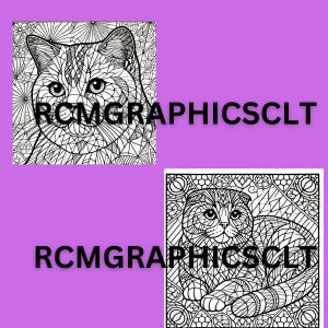 May include: Two black and white coloring pages featuring intricate designs of cats. The first image shows a cat's head with a detailed pattern. The second image shows a cat lying down with a detailed pattern.