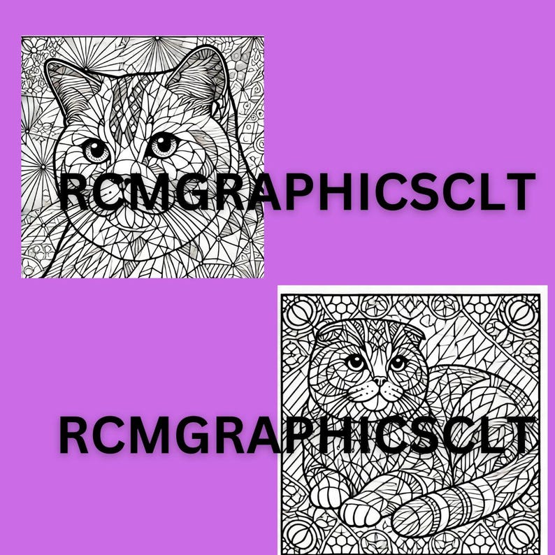 May include: Two black and white coloring pages featuring intricate designs of cats. The first image shows a cat's head with a detailed pattern. The second image shows a cat lying down with a detailed pattern.