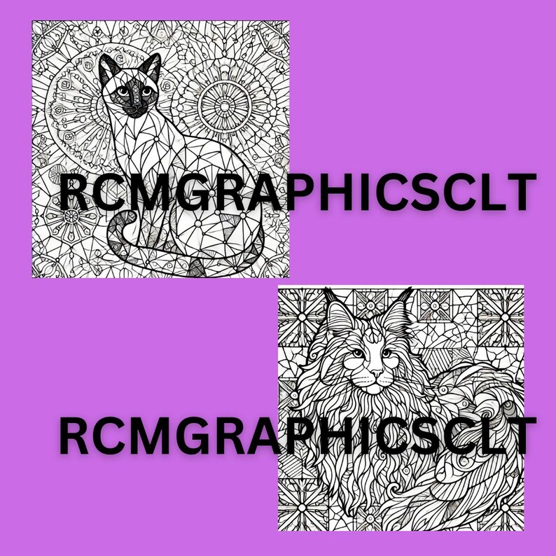 May include: Two black and white coloring pages featuring intricate designs of cats. The first page features a Siamese cat with a geometric pattern. The second page features a Maine Coon cat with a geometric pattern.