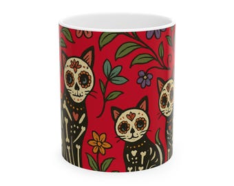Day of the Dead Cat Mug | Vibrant Skull Design, Skeleton Cats, Coffee Cup, Halloween Decor, Gift for Cat Lovers