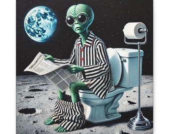 Canvas Print, Whimsical Alien Oil Painting, Moon-Themed Home Decor, Wall Art, Matte Finish, Stretched Canvas, 25 inches, Outer Space Art,