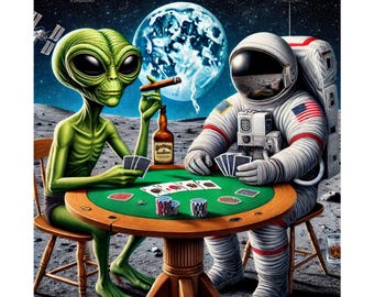 Cosmic Humor Poster - Alien and Astronaut Poker Party, Outer Space Art, Sci-Fi Decor, Fun Wall Art for Gamers, Great Gift Idea