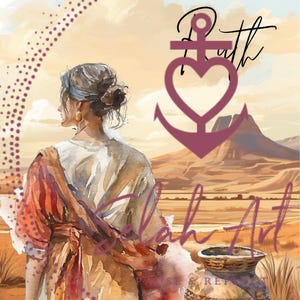 May include: Watercolor art print featuring a woman in a flowing robe, facing away from the viewer, with a desert landscape backdrop. The image includes the text "Ruth" above a heart-shaped anchor and "Selah Art". Earth tones dominate the artwork.