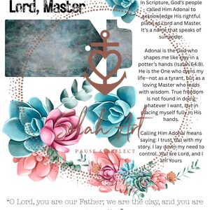 Può includere: Stampa artistica digitale con la parola "Adonai" e la traduzione "Signore, Maestro". Il design include un'ancora, elementi floreali rosa e turchese e testo scritturale. Un'opera d'arte spirituale e ispiratrice.