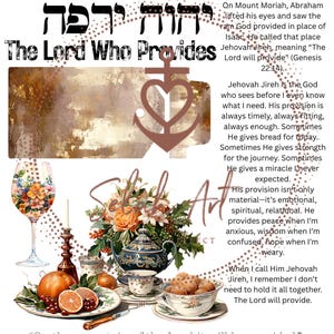 Può includere: Una stampa artistica decorativa con le parole "Jehovah Jireh" e "Il Signore provvederà". L'immagine presenta una composizione floreale, tazze da tè e un calice. È incluso anche il testo di Genesi 22:14.