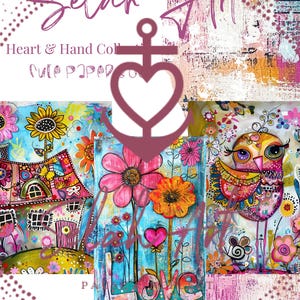 May include: A collage of colourful artwork with floral and whimsical designs. The image includes the text "Selah Art" and "LOVE" with a heart-shaped anchor logo. The artwork showcases vibrant colours and a variety of artistic styles.