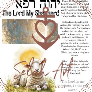 Może przedstawiać: Cyfrowy wydruk artystyczny z napisami "Jehovah Raah" i "The Lord My Shepherd". Obraz zawiera owcę, kotwicę i tekst z Psalmu 23:1. Grafika ma styl akwarelowy z ciepłą paletą barw.