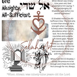 Può includere: Una stampa artistica ispiratrice con le parole "El Shaddai" in testo grande e invecchiato. L'immagine include immagini religiose, testo e la frase "Dio Onnipotente, Onnipotente". L'opera presenta un'ancora a forma di cuore e una raffigurazione di Gesù.